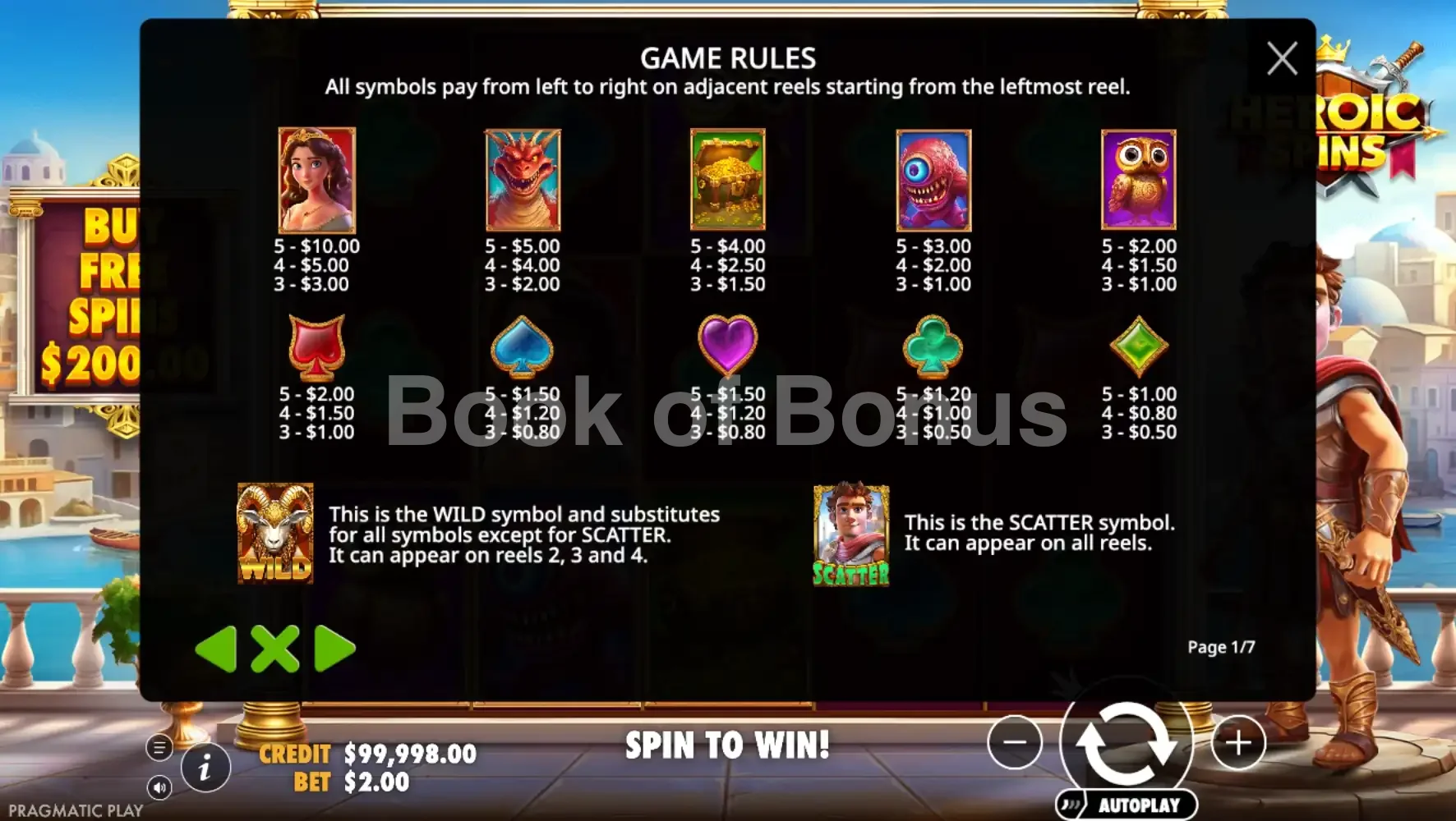 Heroic Spins par Pragmatic Play - table des gains et valeurs des symboles
