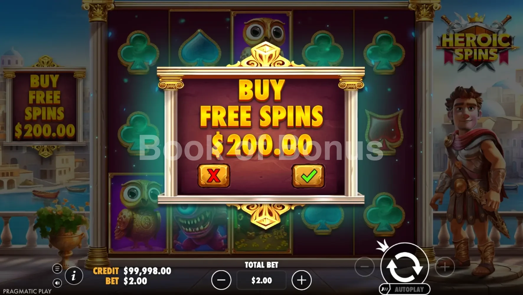 Heroic Spins par Pragmatic Play - menu d'achat de bonus et options