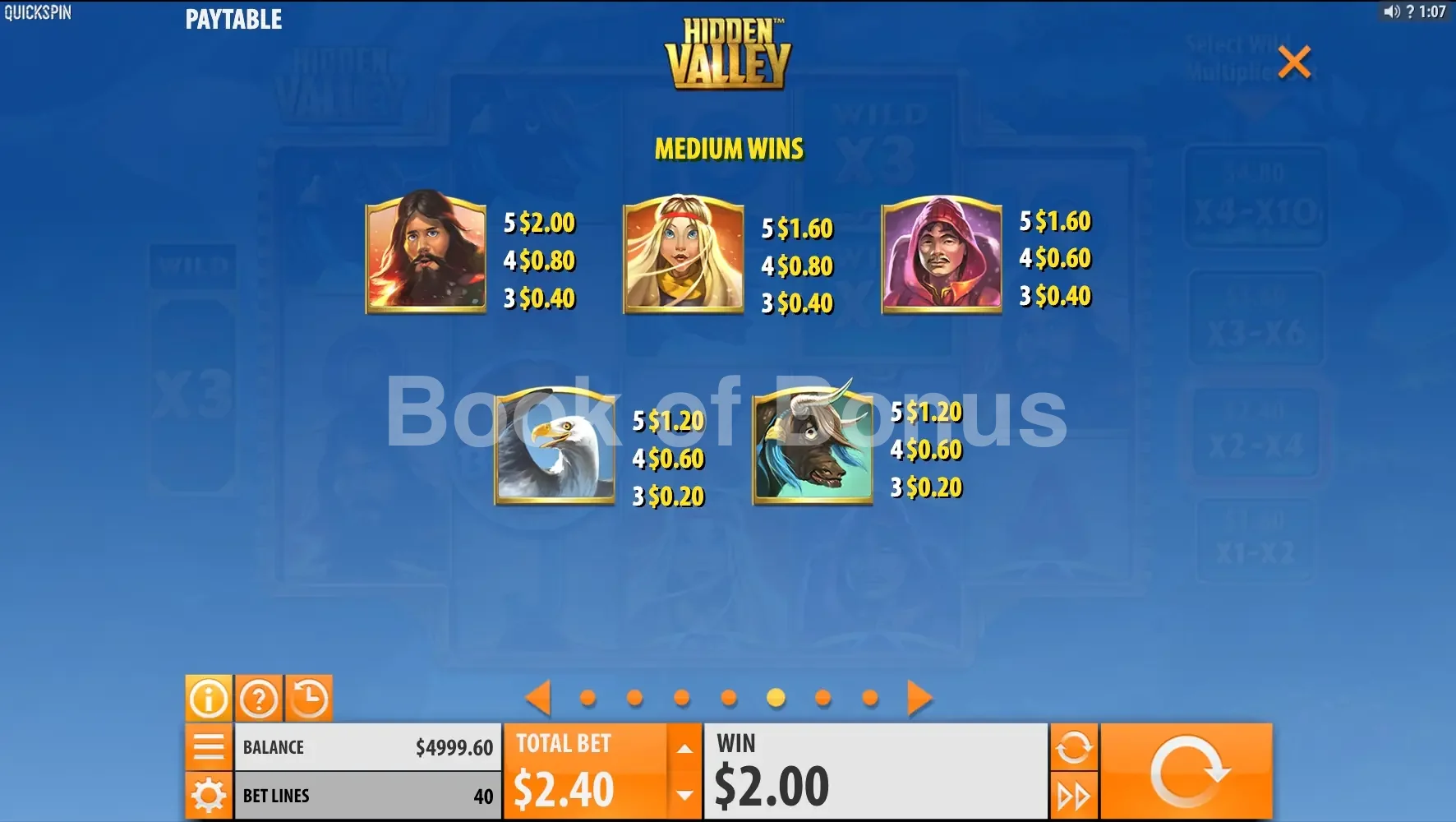 Hidden Valley par Quickspin - table des gains et valeurs des symboles