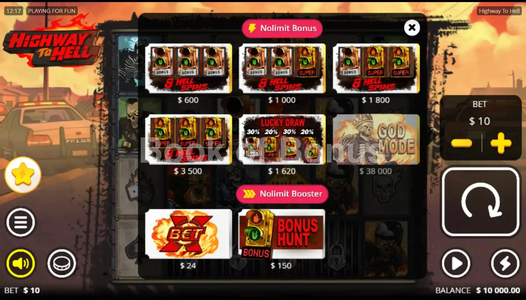 Highway to Hell par Nolimit City - menu d'achat de bonus et options