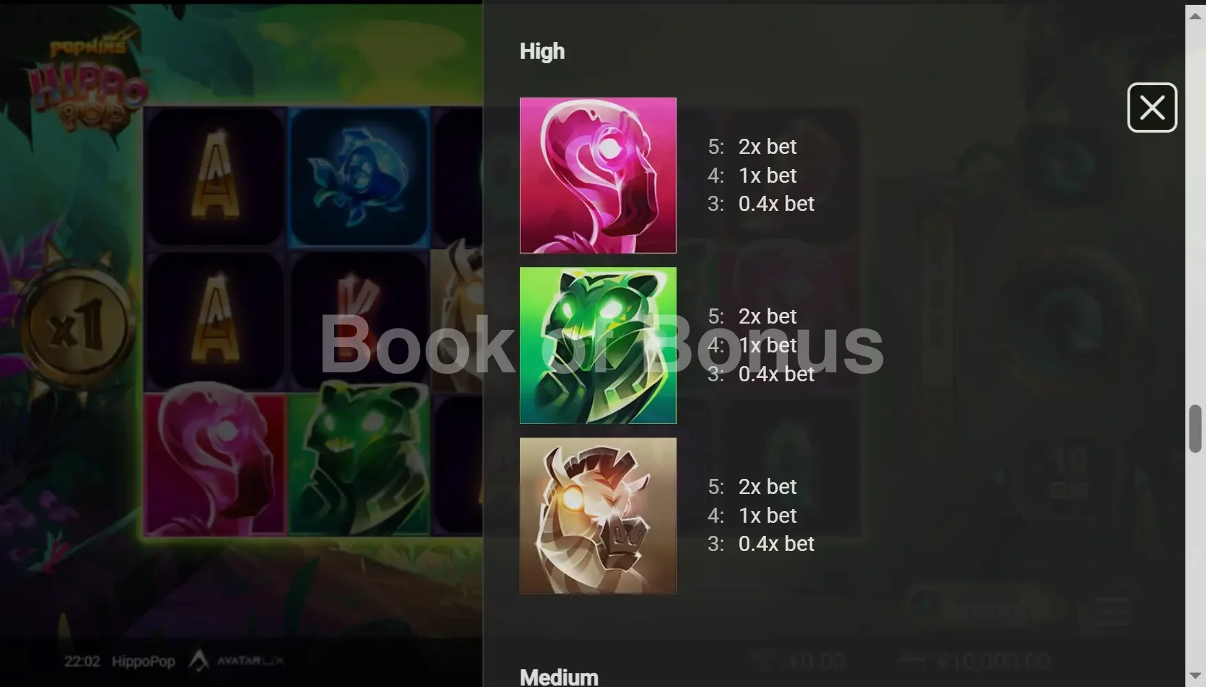 HippoPop par Avatar UX - table des gains et valeurs des symboles