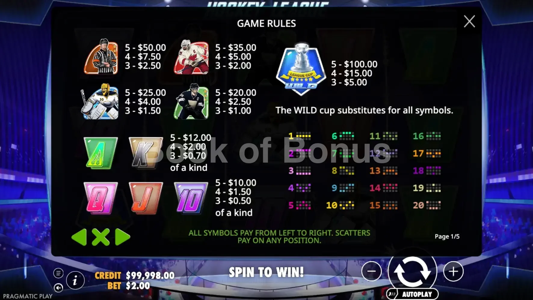Hockey League par Pragmatic Play - table des gains et valeurs des symboles