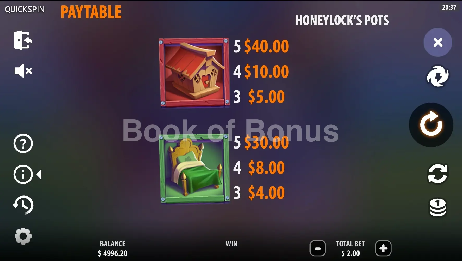 Honeylock’s Pots par Quickspin - table des gains et valeurs des symboles