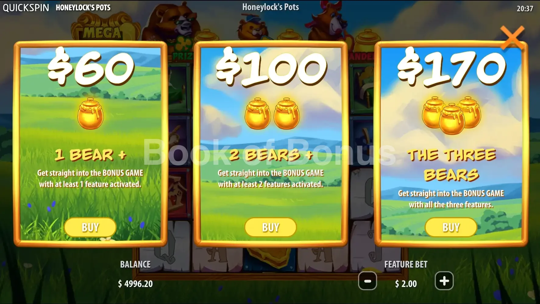 Honeylock’s Pots par Quickspin - menu d'achat de bonus et options