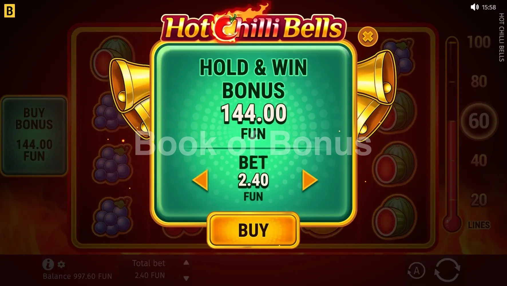 Hot Chilli Bells par BGaming - menu d'achat de bonus et options
