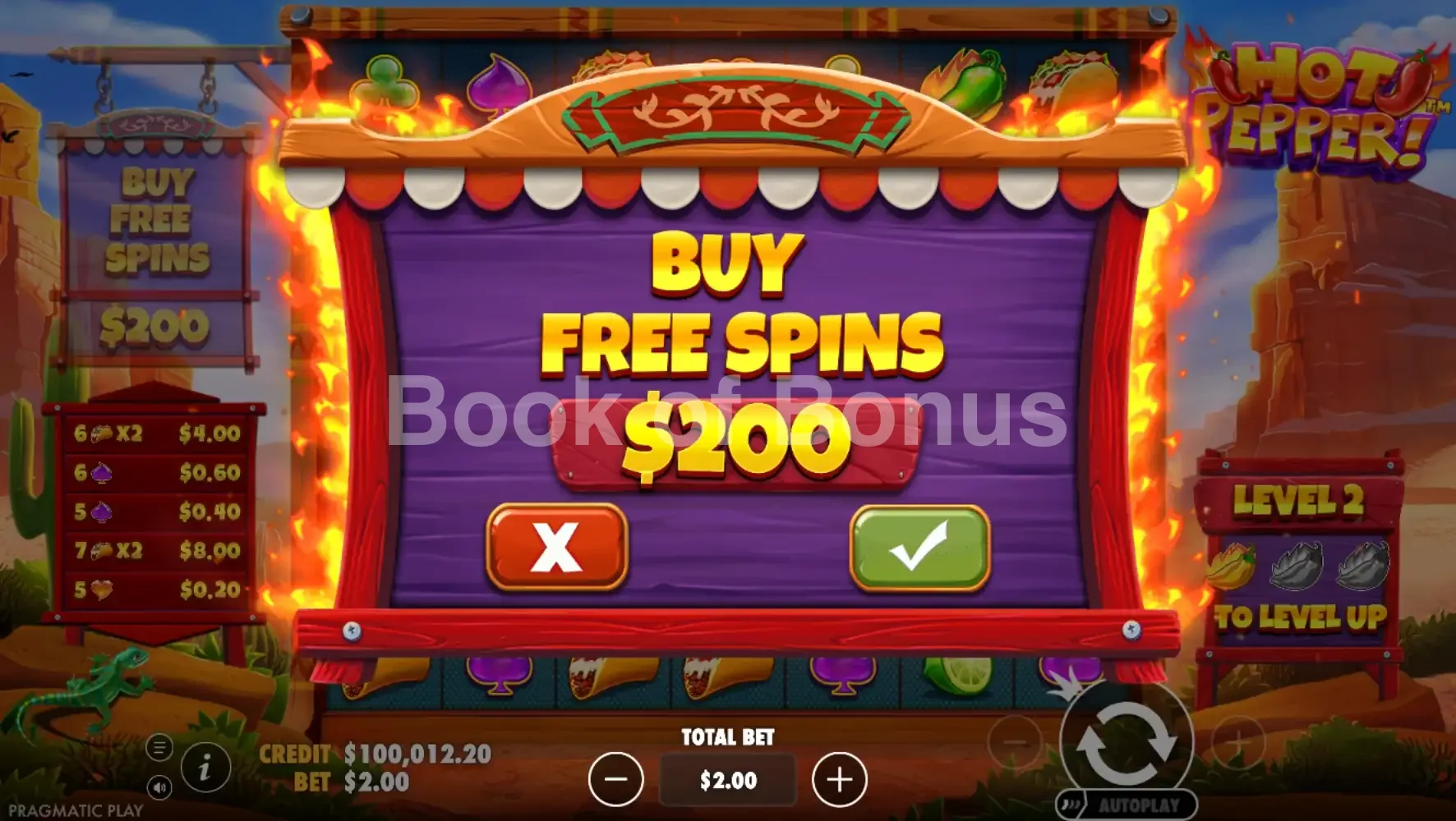 Hot Pepper par Pragmatic Play - menu d'achat de bonus et options