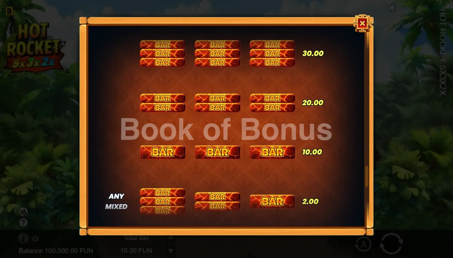 Paytable complet Hot Rocket 5x 3x 2x
