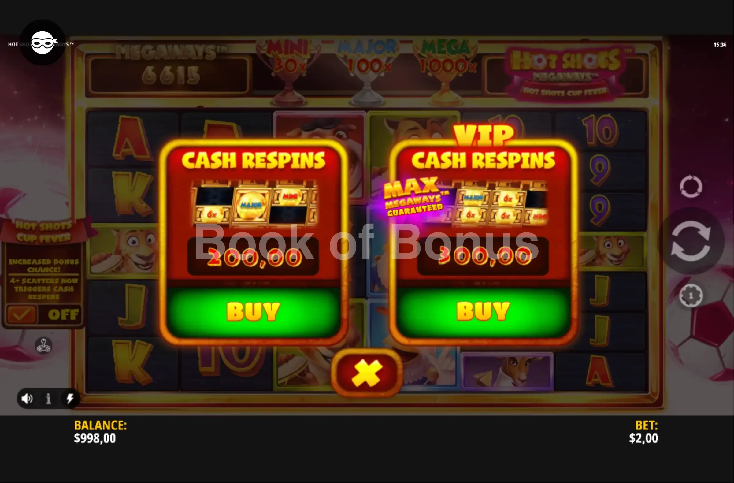Hot Shots Megaways par iSoftBet - menu d'achat de bonus et options
