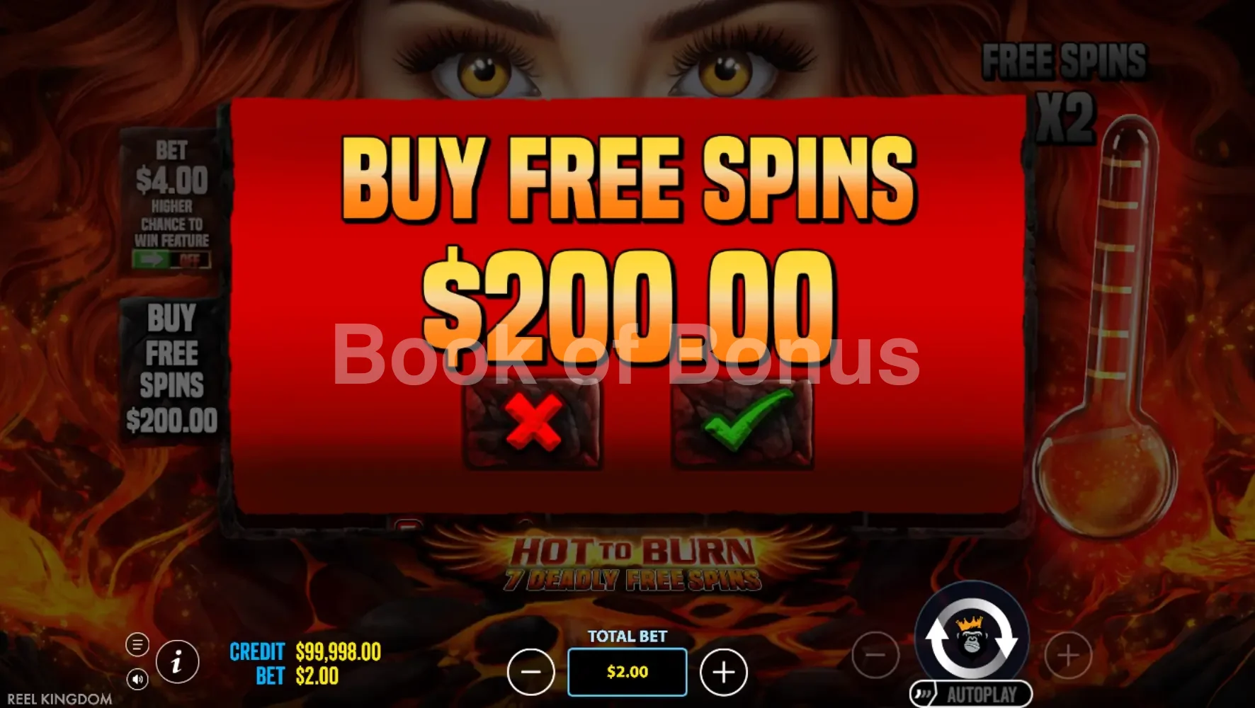 Hot to Burn 7 Deadly Free Spins par Reel Kingdom - menu d'achat de bonus et options