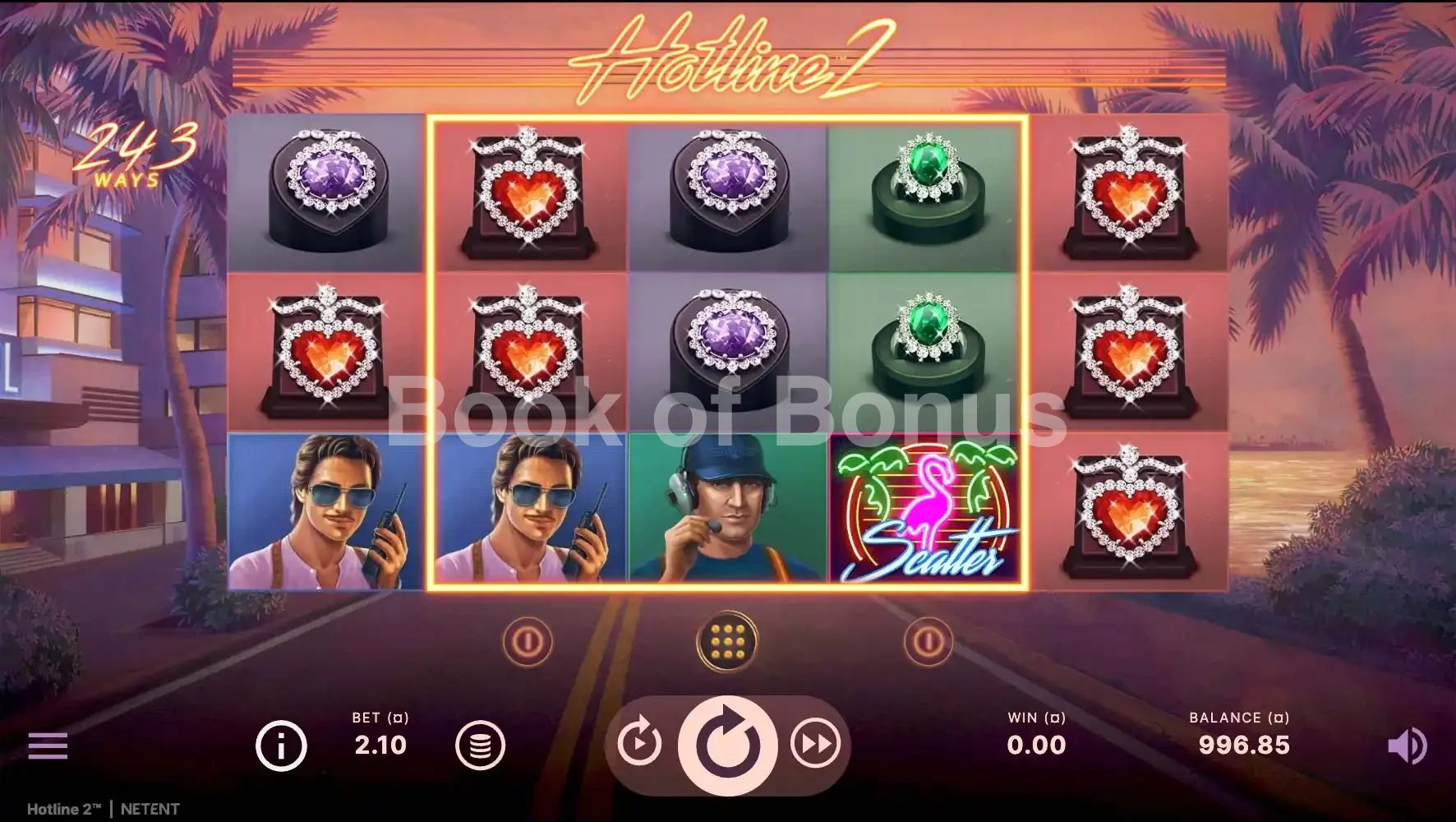 Hotline 2 par NetEnt - jeu de base et disposition des rouleaux