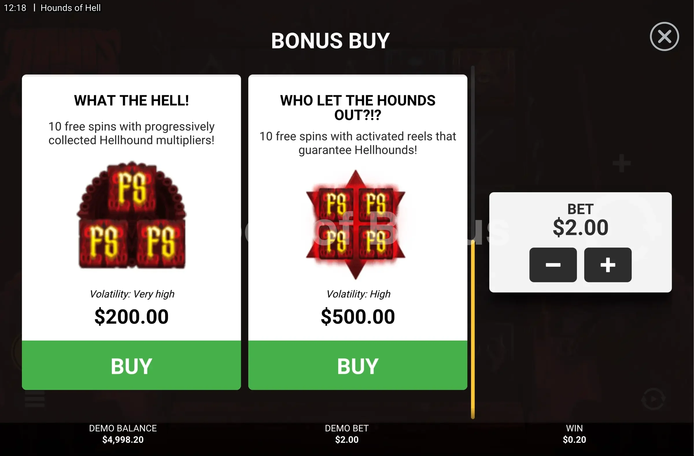 Hounds of Hell par Hacksaw Gaming - menu d'achat de bonus et options
