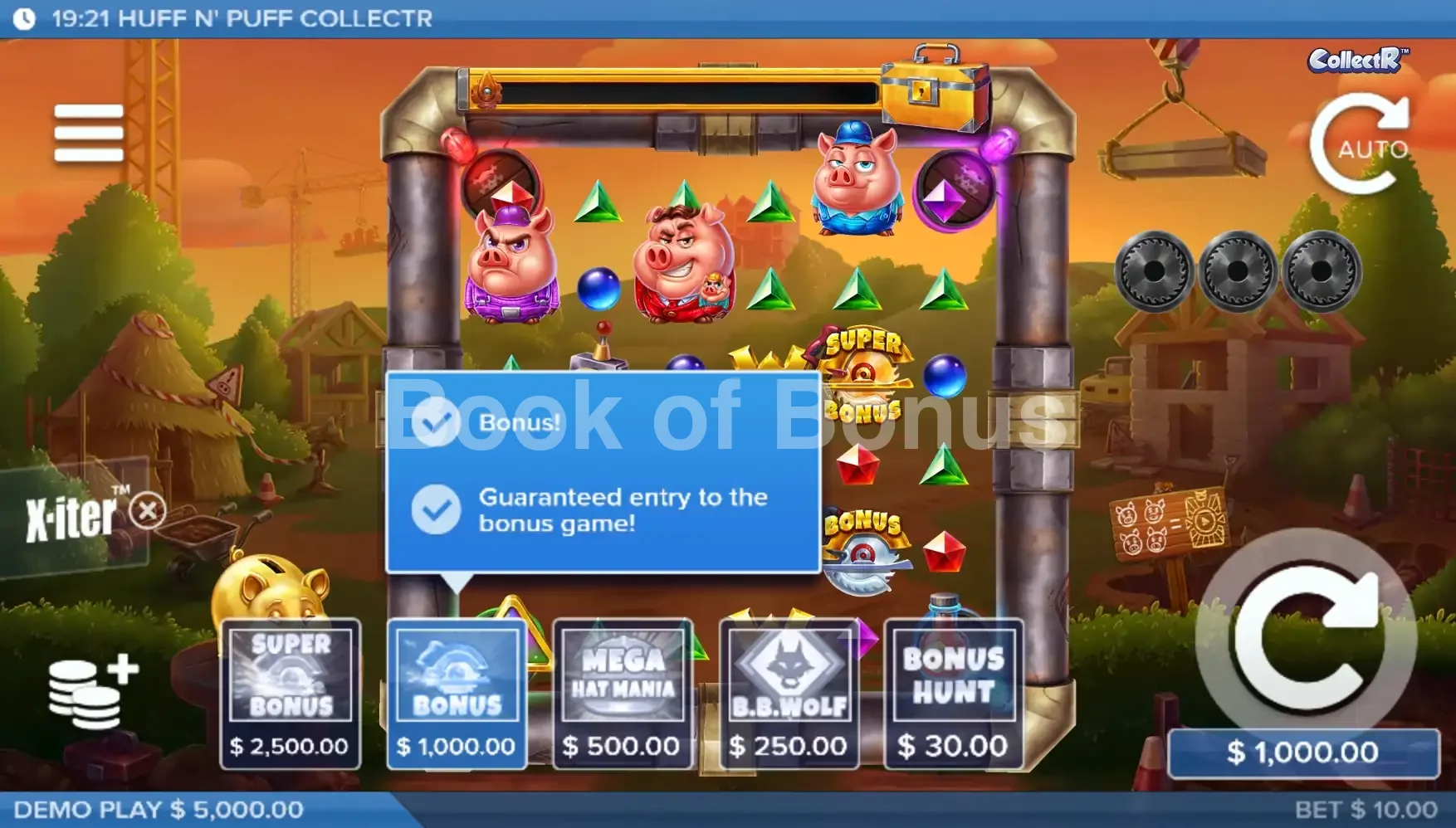 Huff N’ Puff CollectR par ELK Studios - menu d'achat de bonus et options