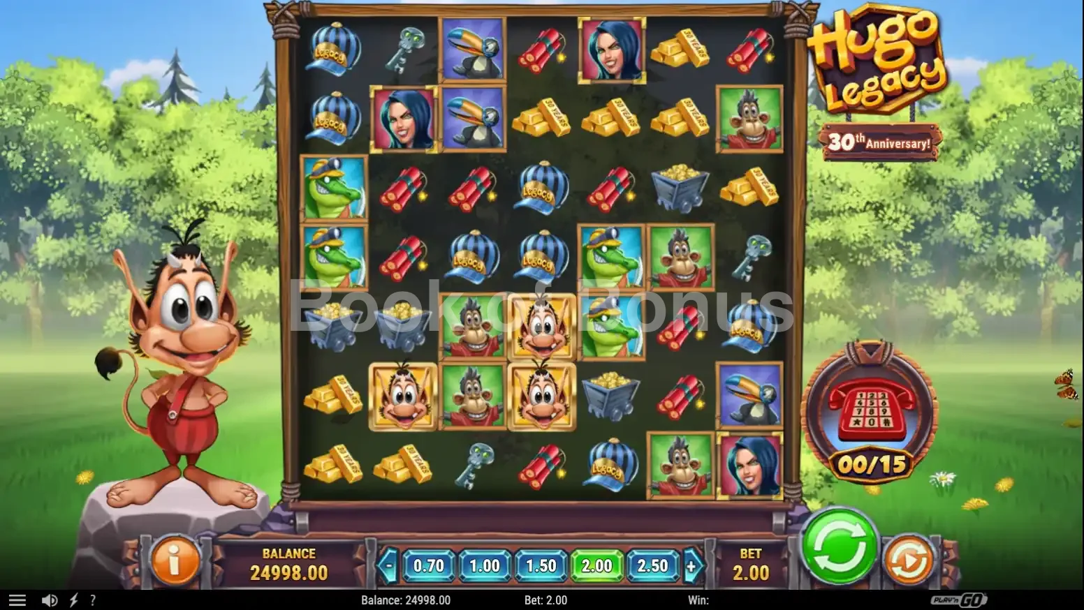 Hugo Legacy par Play'n GO - jeu de base et disposition des rouleaux
