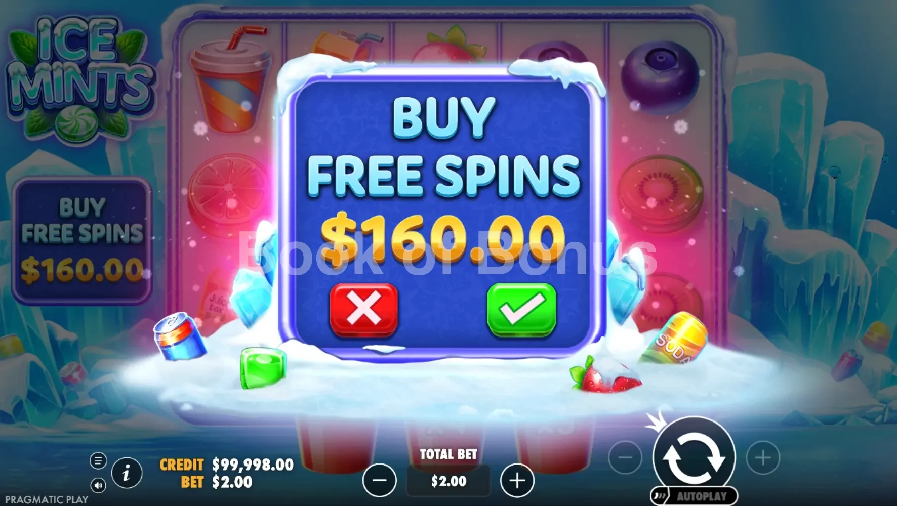 Ice Mints par Pragmatic Play - menu d'achat de bonus et options