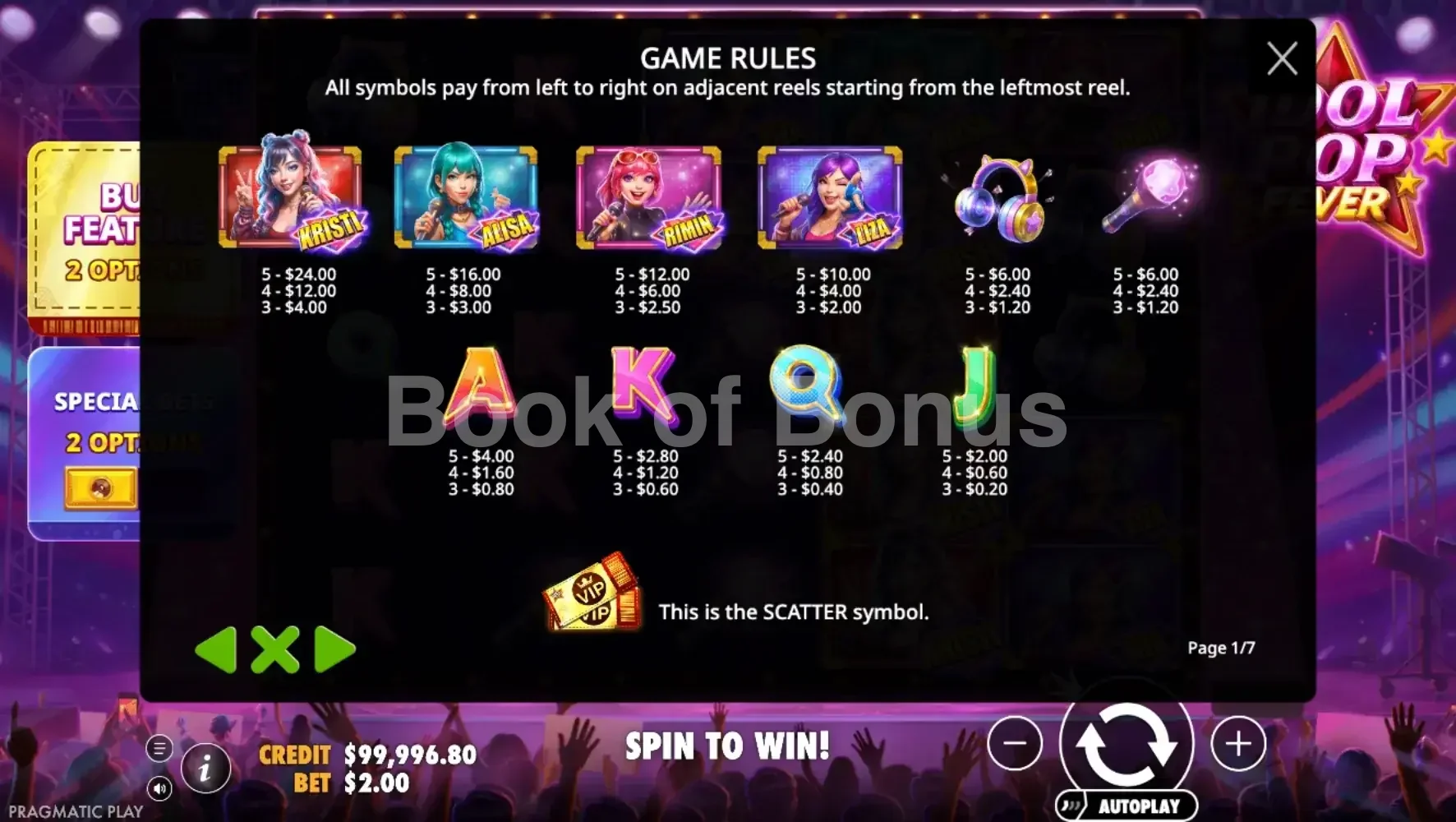 Idol Pop Fever par Pragmatic Play - table des gains et valeurs des symboles