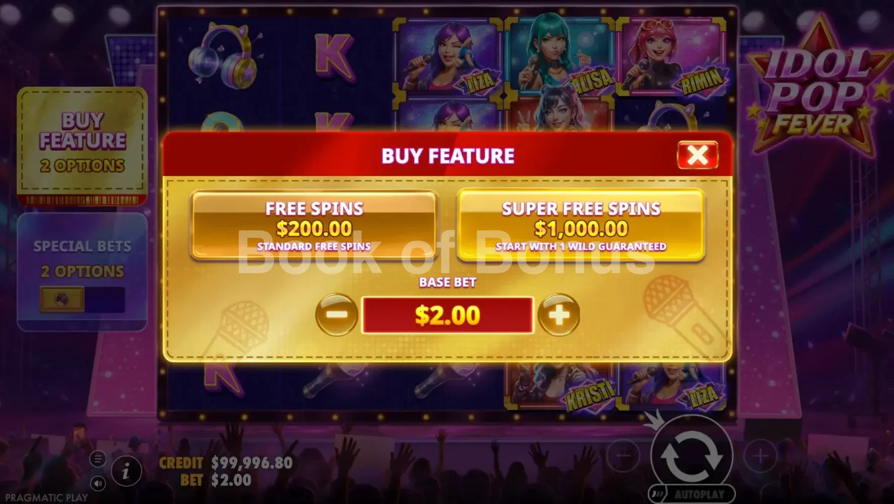 Idol Pop Fever par Pragmatic Play - menu d'achat de bonus et options