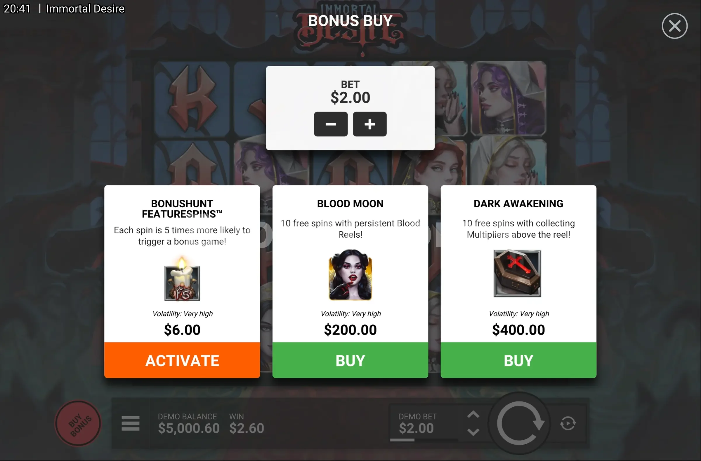 Immortal Desire par Hacksaw Gaming - menu d'achat de bonus et options