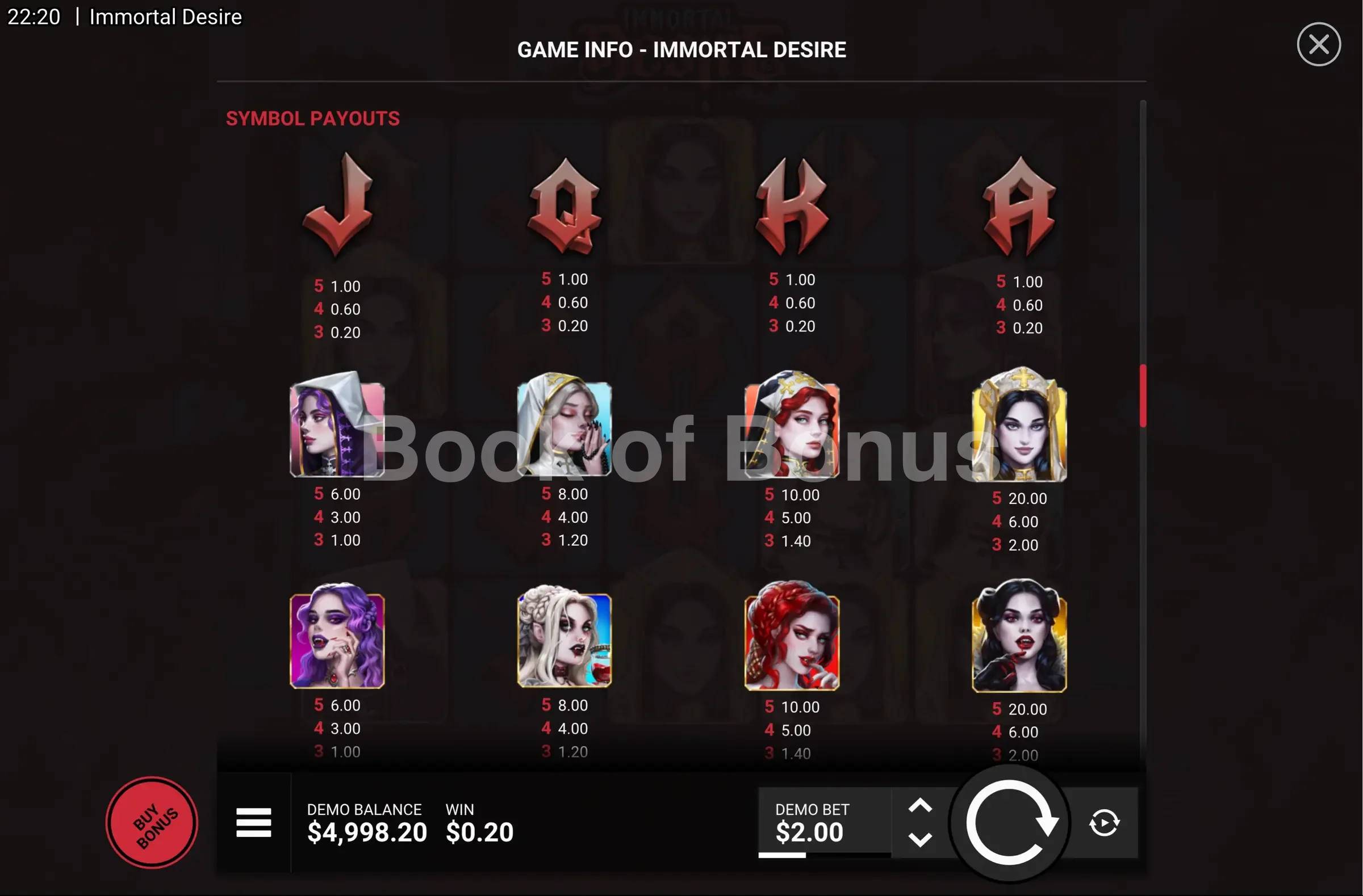 Immortal Desire par Hacksaw Gaming - table des gains et valeurs des symboles