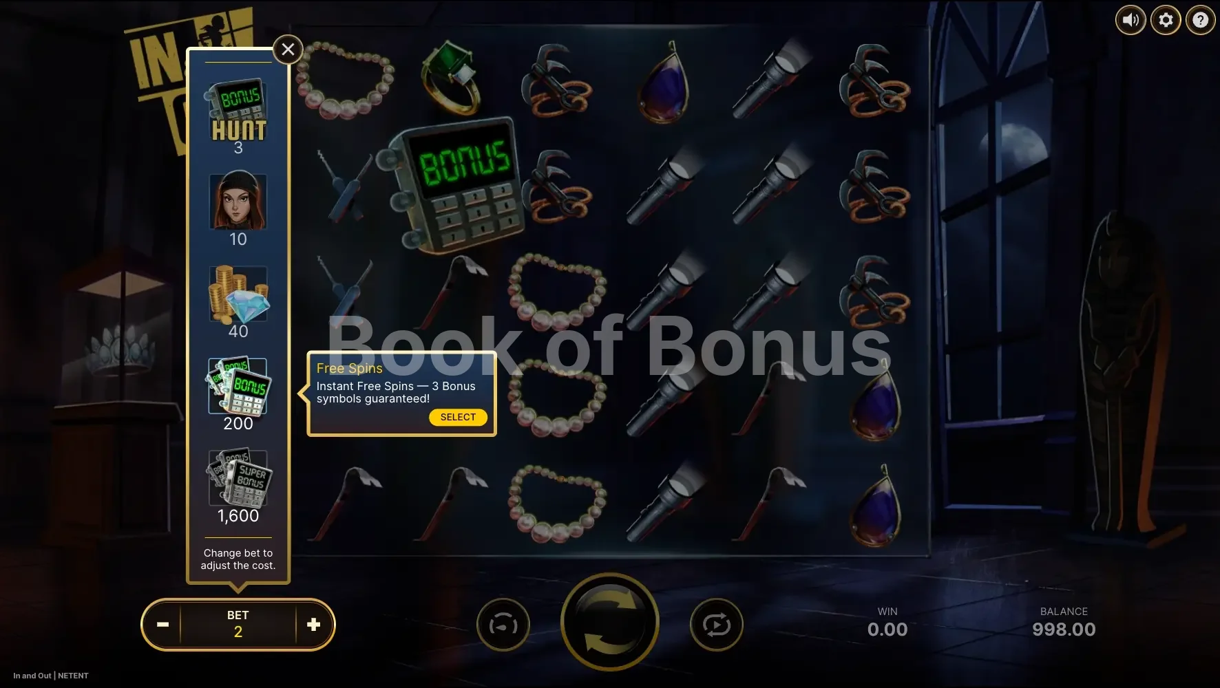 In And Out par NetEnt - menu d'achat de bonus et options