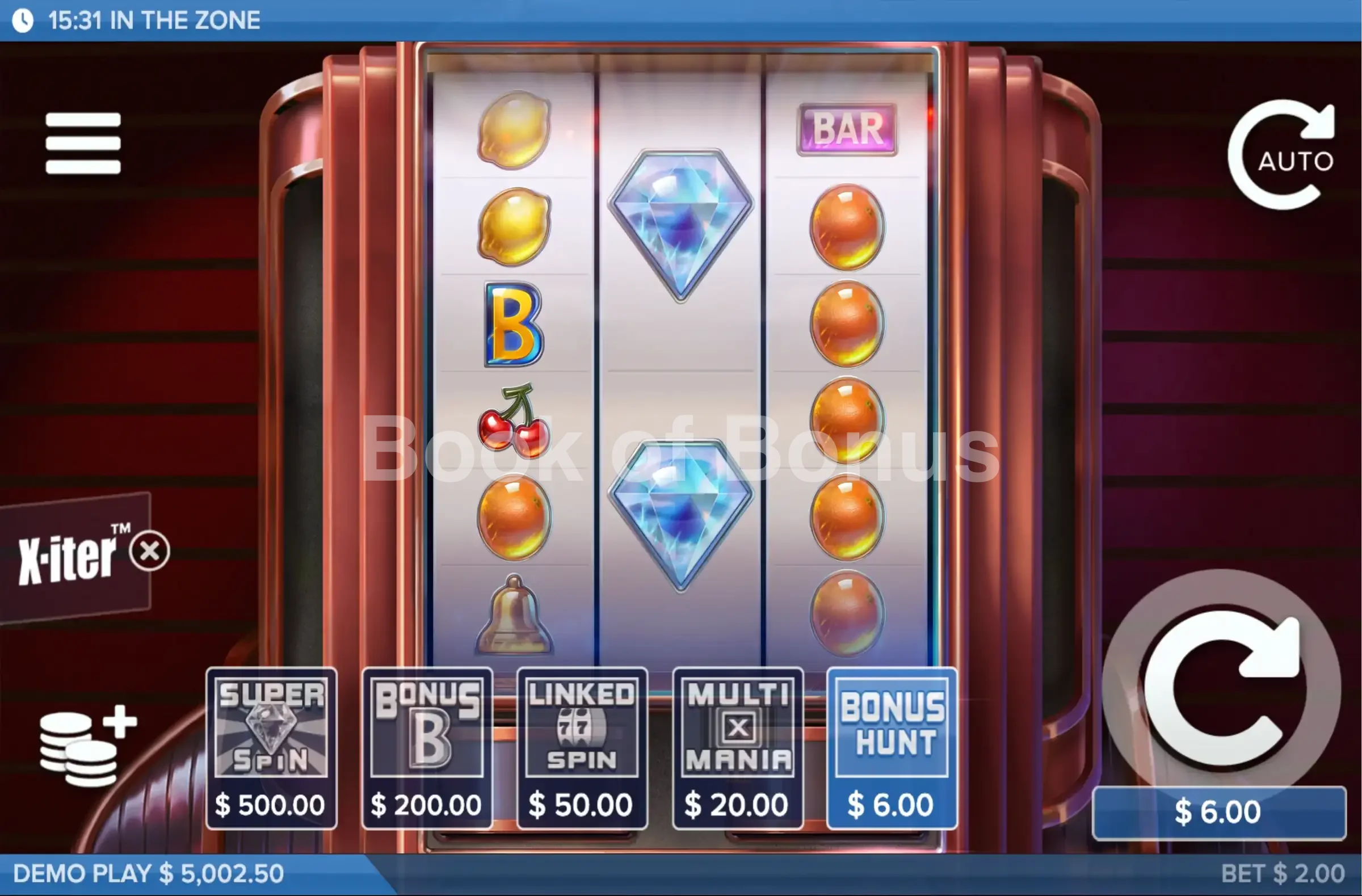 In the Zone par ELK Studios - menu d'achat de bonus et options