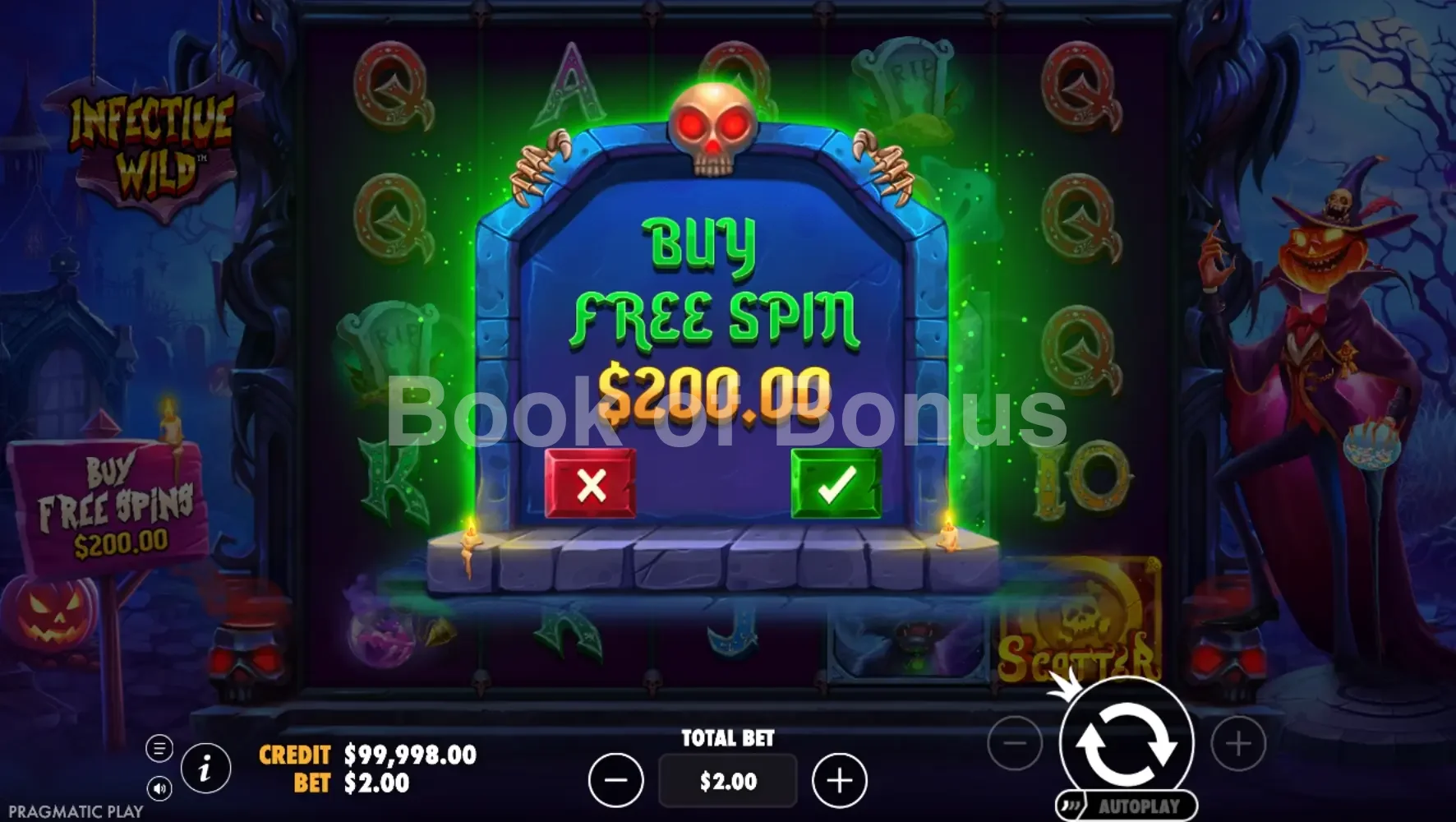 Infective Wild par Pragmatic Play - menu d'achat de bonus et options