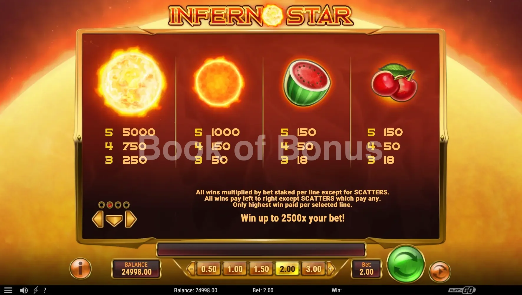 Inferno Star par Play'n GO - table des gains et valeurs des symboles