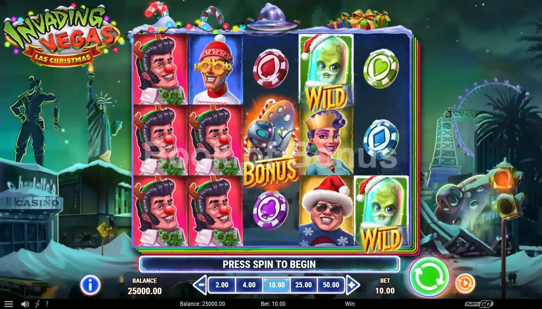 Invading Vegas Las Christmas par Play'n GO - jeu de base et disposition des rouleaux