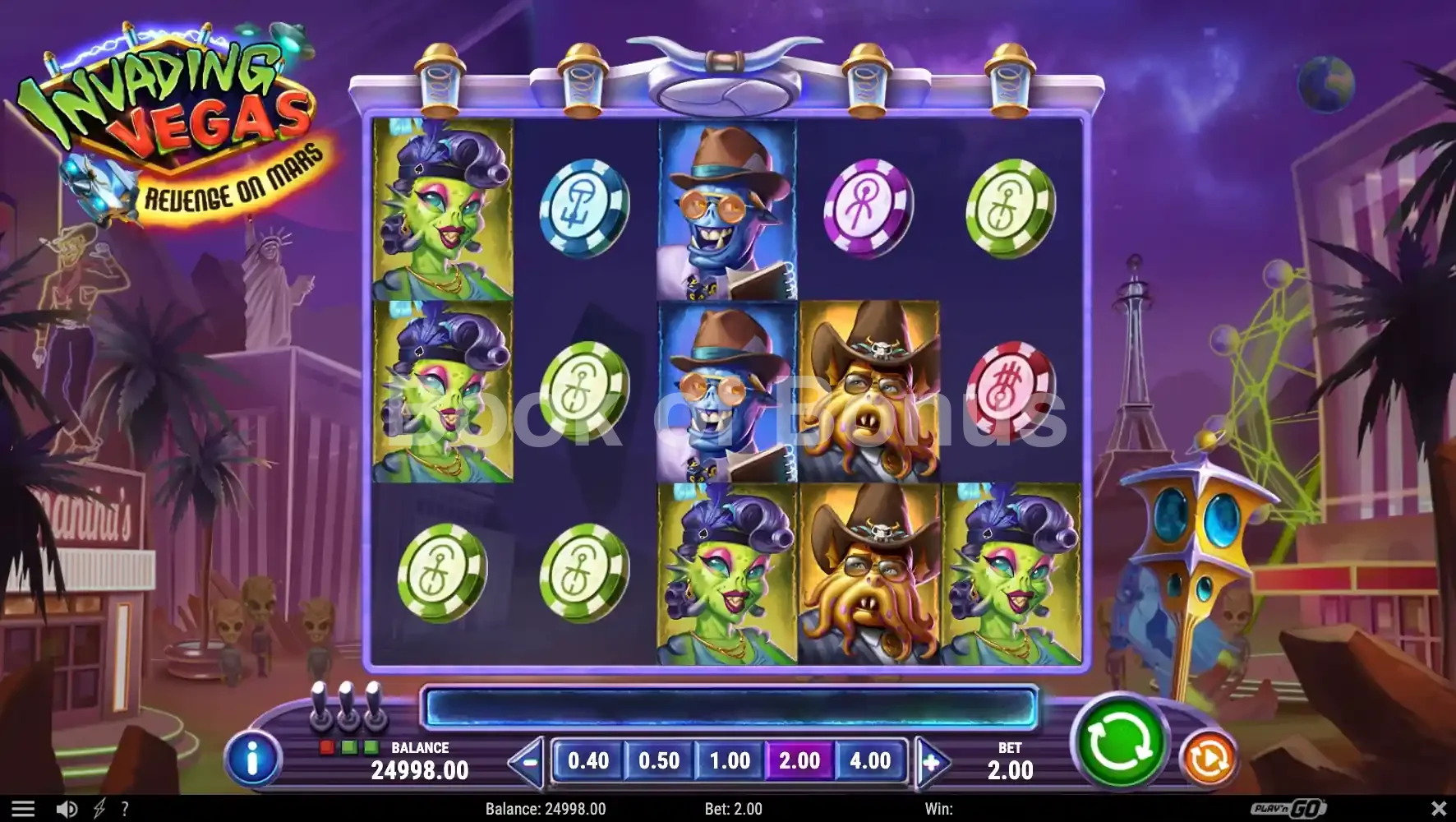 Invading Vegas Revenge on Mars par Play'n GO - jeu de base et disposition des rouleaux