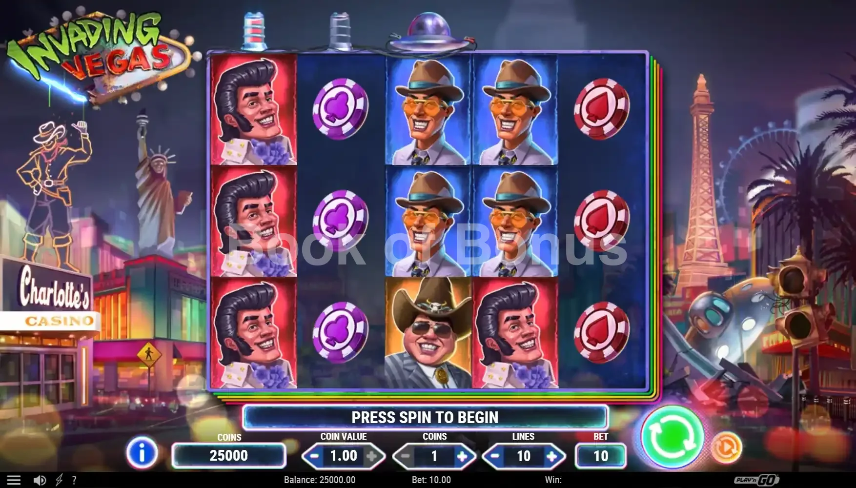 Invading Vegas par Play'n GO - jeu de base et disposition des rouleaux
