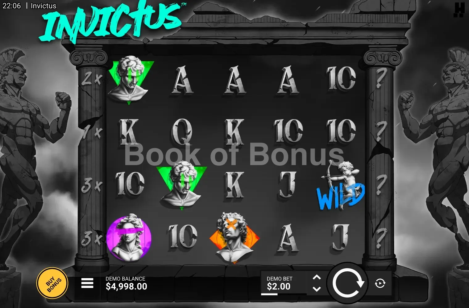 Invictus par Hacksaw Gaming - jeu de base et disposition des rouleaux