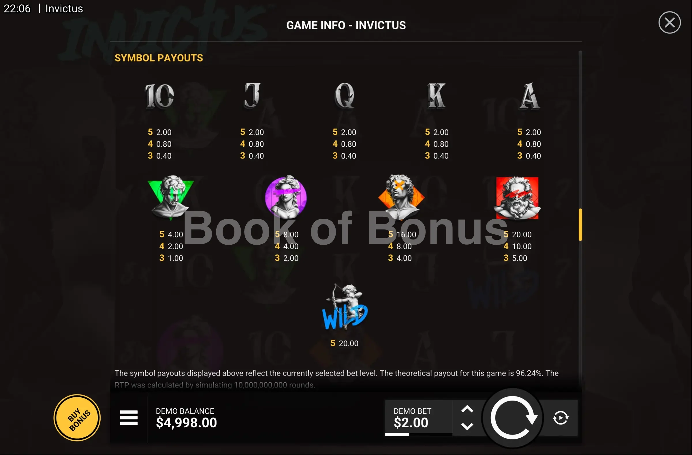 Invictus par Hacksaw Gaming - table des gains et valeurs des symboles