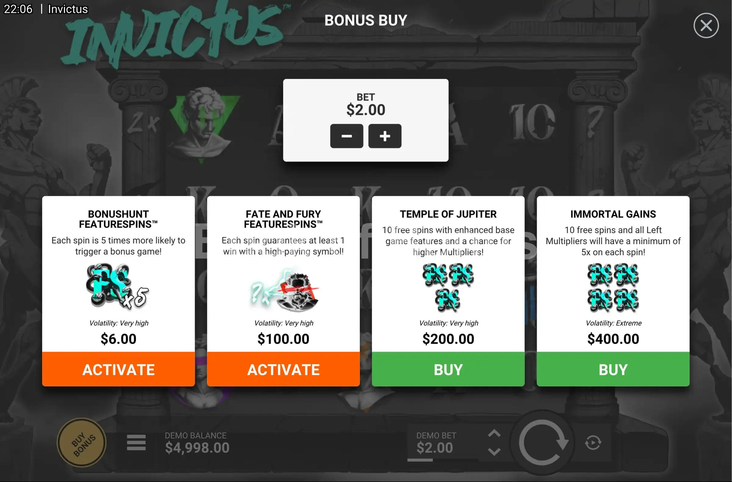 Invictus par Hacksaw Gaming - menu d'achat de bonus et options