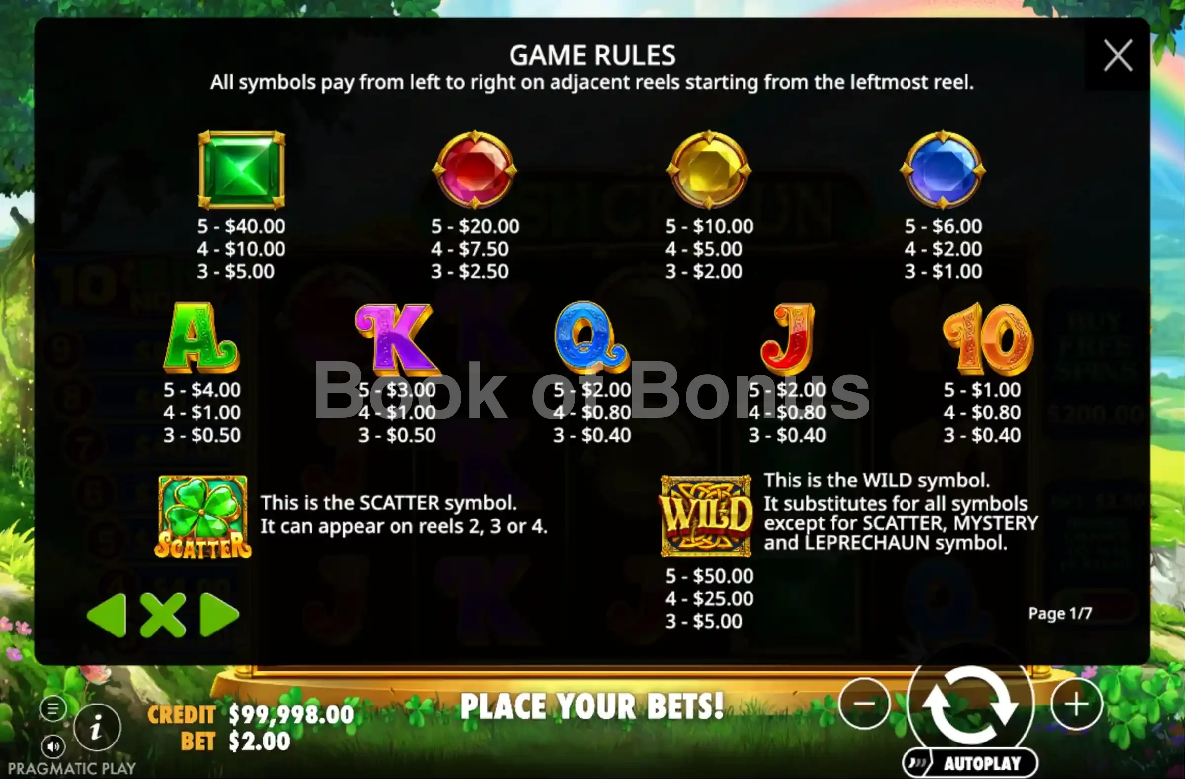 Irish Crown par Pragmatic Play - table des gains et valeurs des symboles