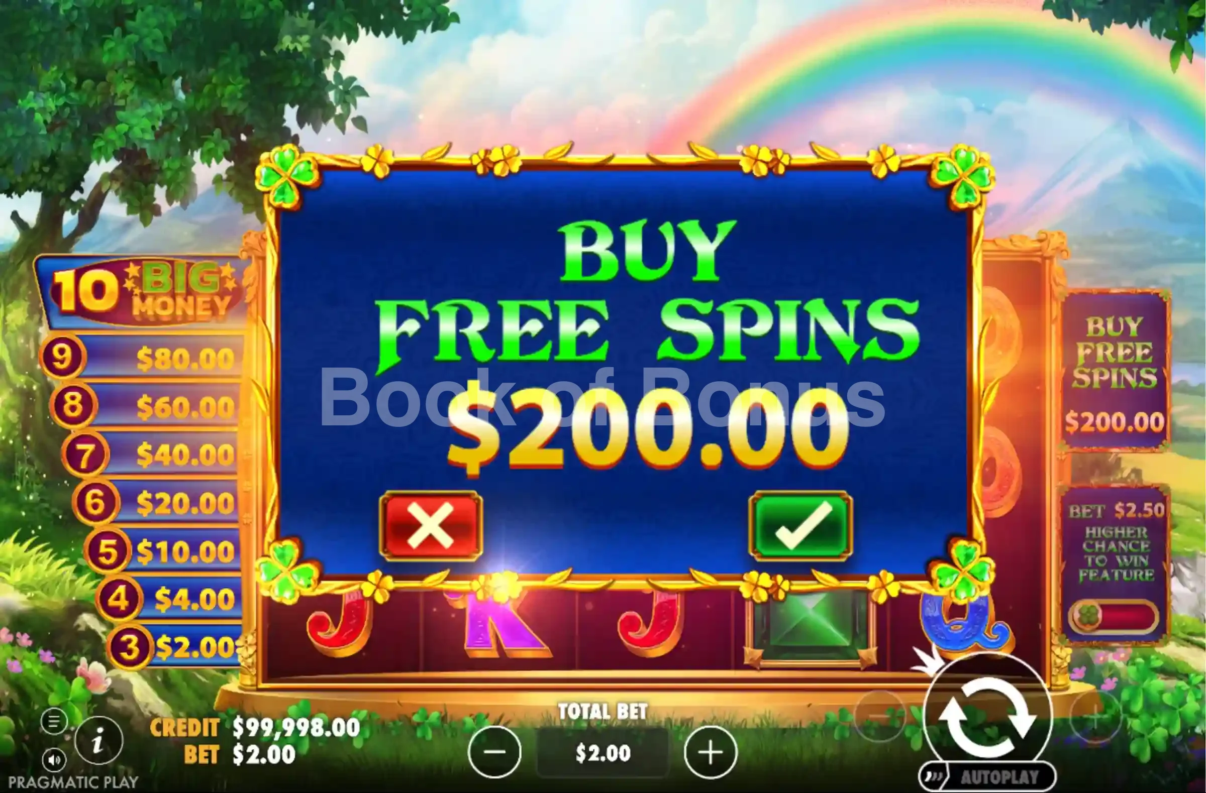 Irish Crown par Pragmatic Play - menu d'achat de bonus et options