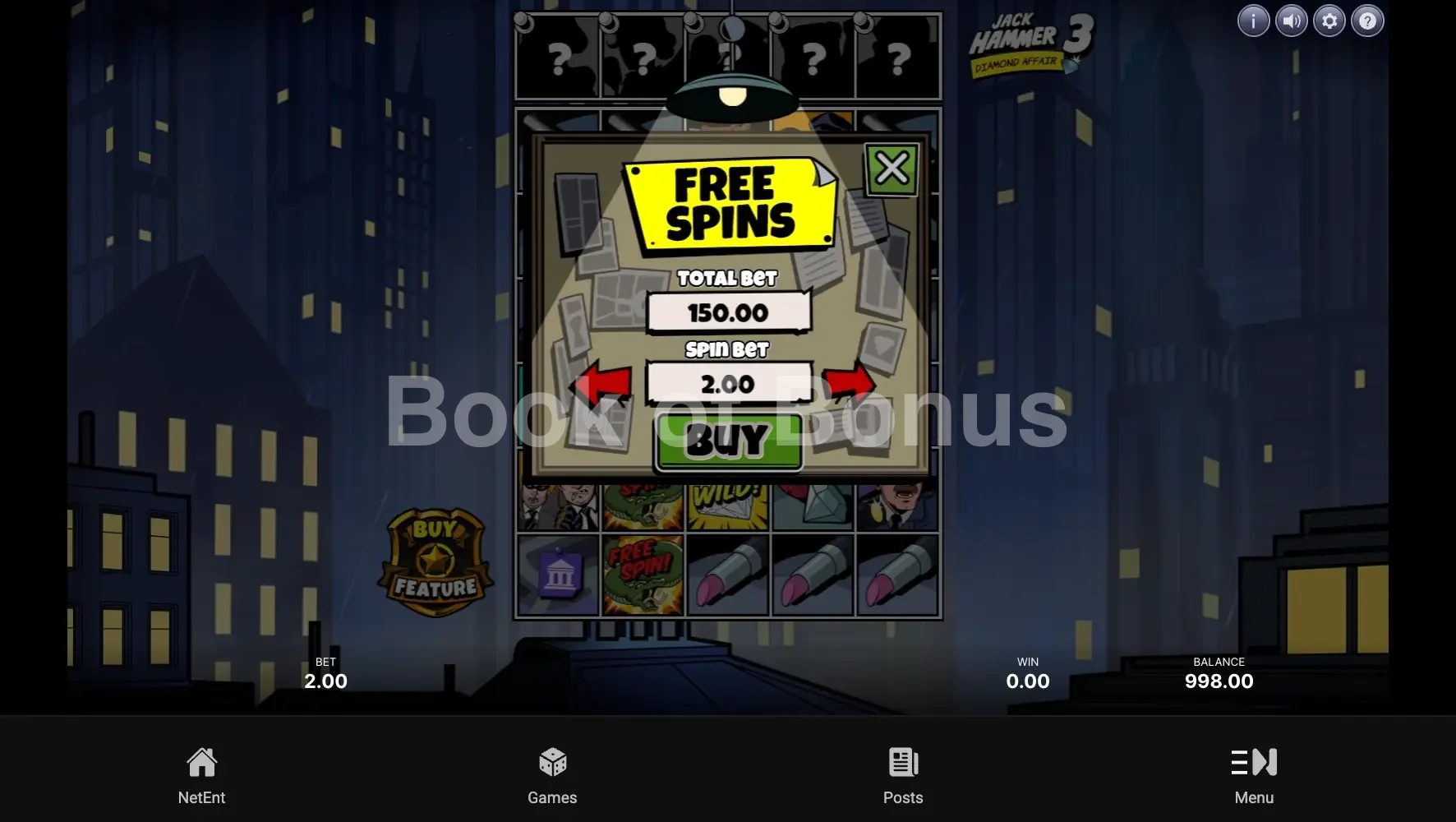 Jack Hammer 3 par NetEnt - menu d'achat de bonus et options