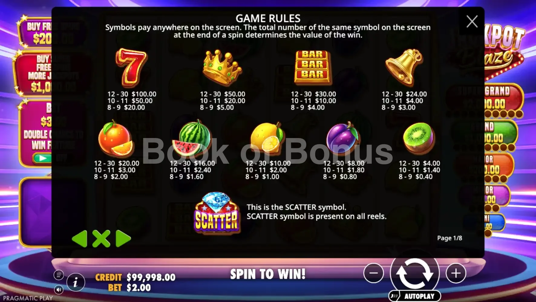 Jackpot Blaze par Pragmatic Play - table des gains et valeurs des symboles