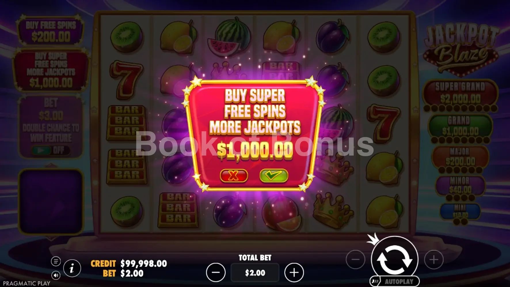 Jackpot Blaze par Pragmatic Play - menu d'achat de bonus et options