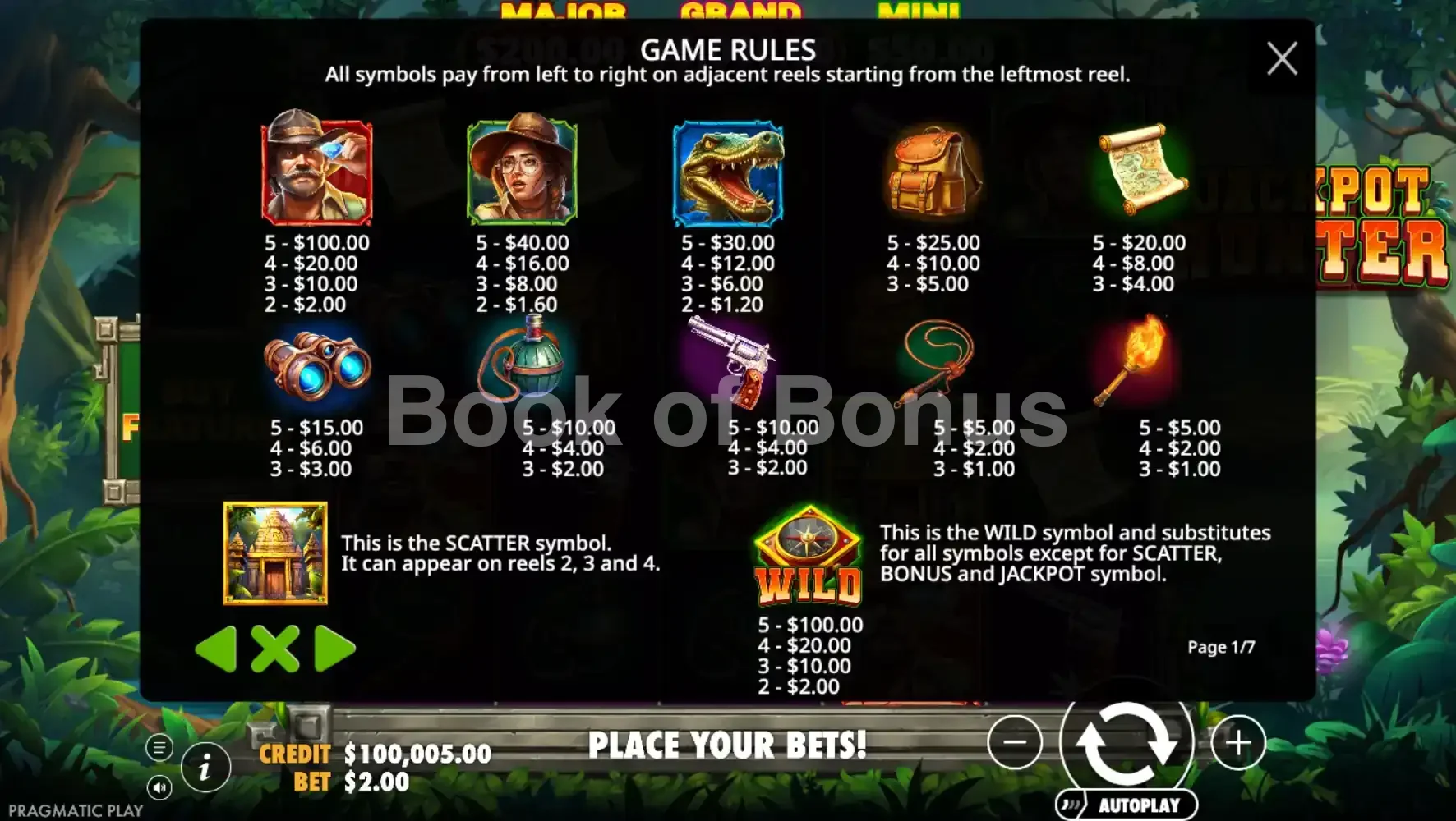 Tableau des gains Jackpot Hunter