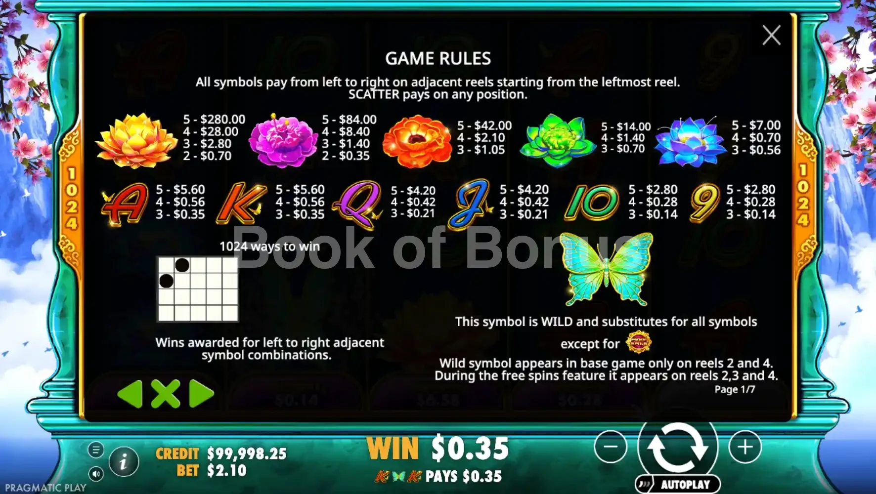 Jade Butterfly par Pragmatic Play - table des gains et valeurs des symboles