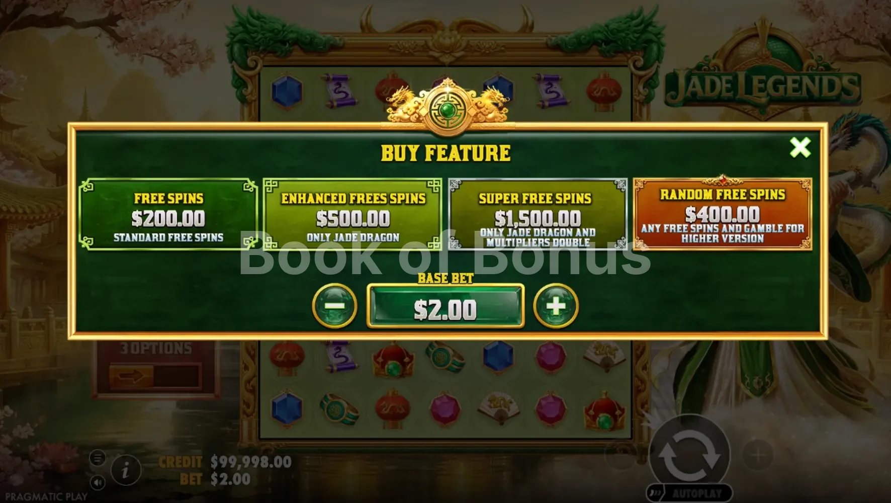 Jade Legends par Pragmatic Play - menu d'achat de bonus et options