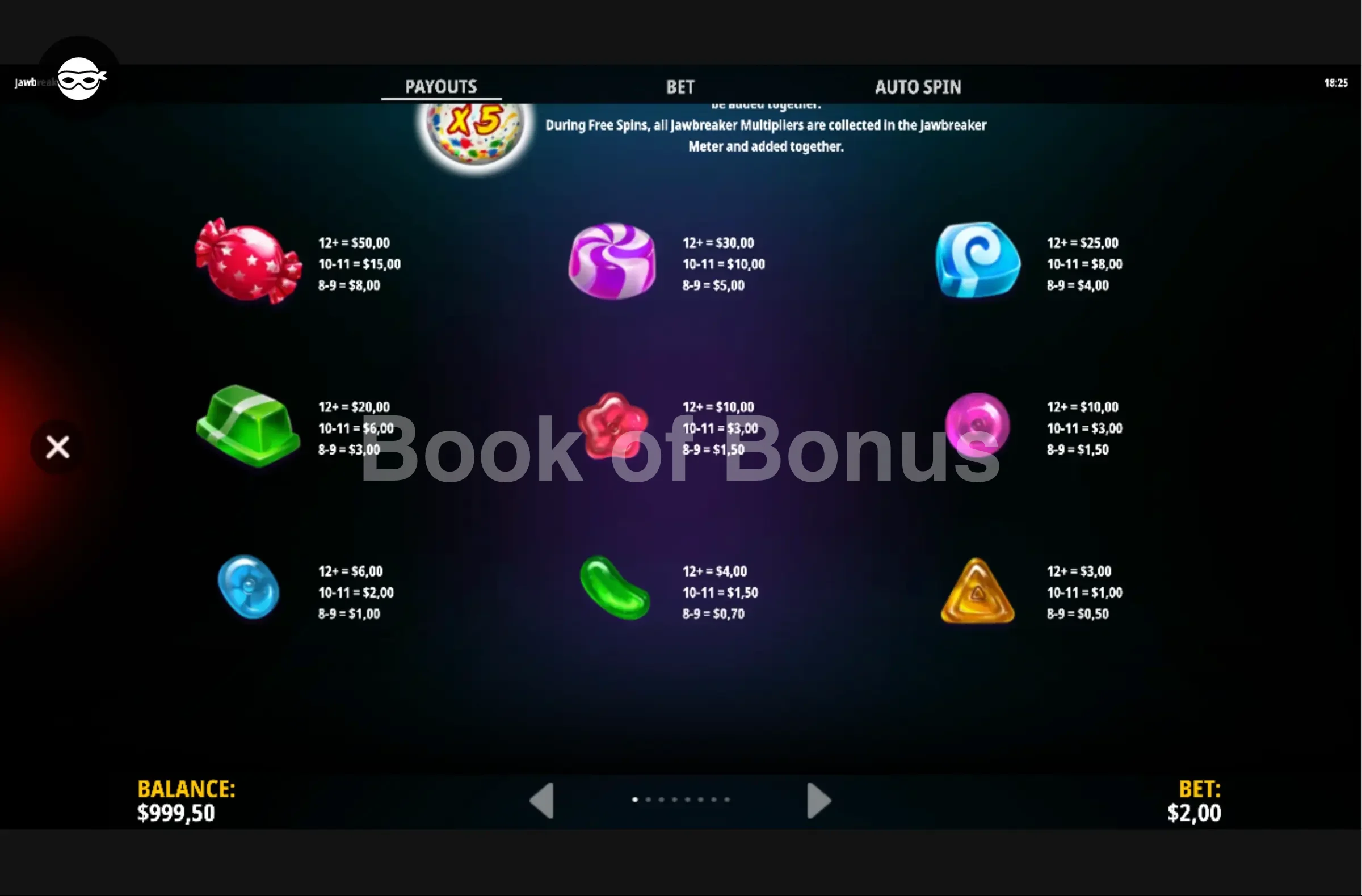 Jawbreaker par iSoftBet - table des gains et valeurs des symboles