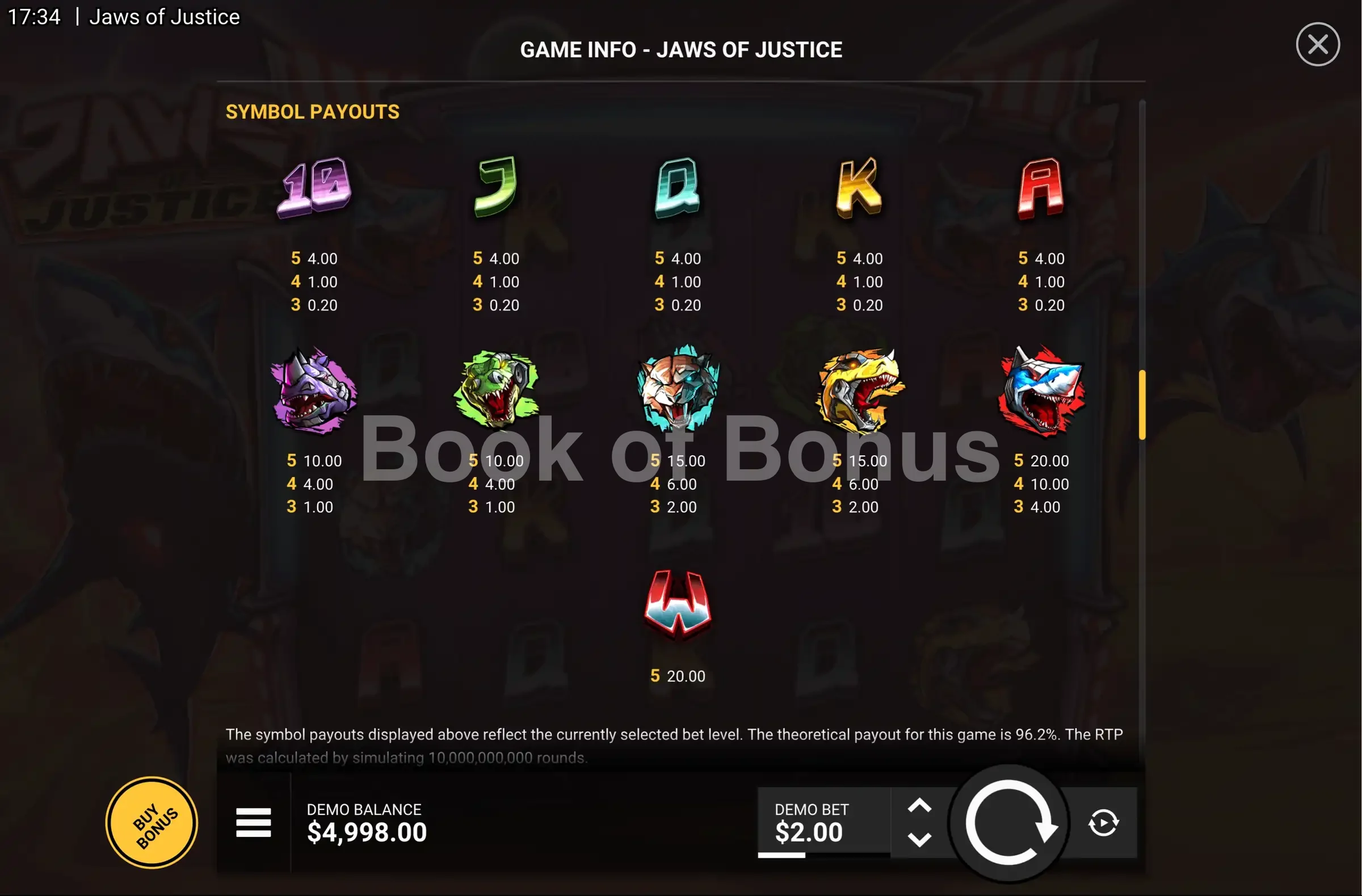Tableau des gains Jaws of Justice