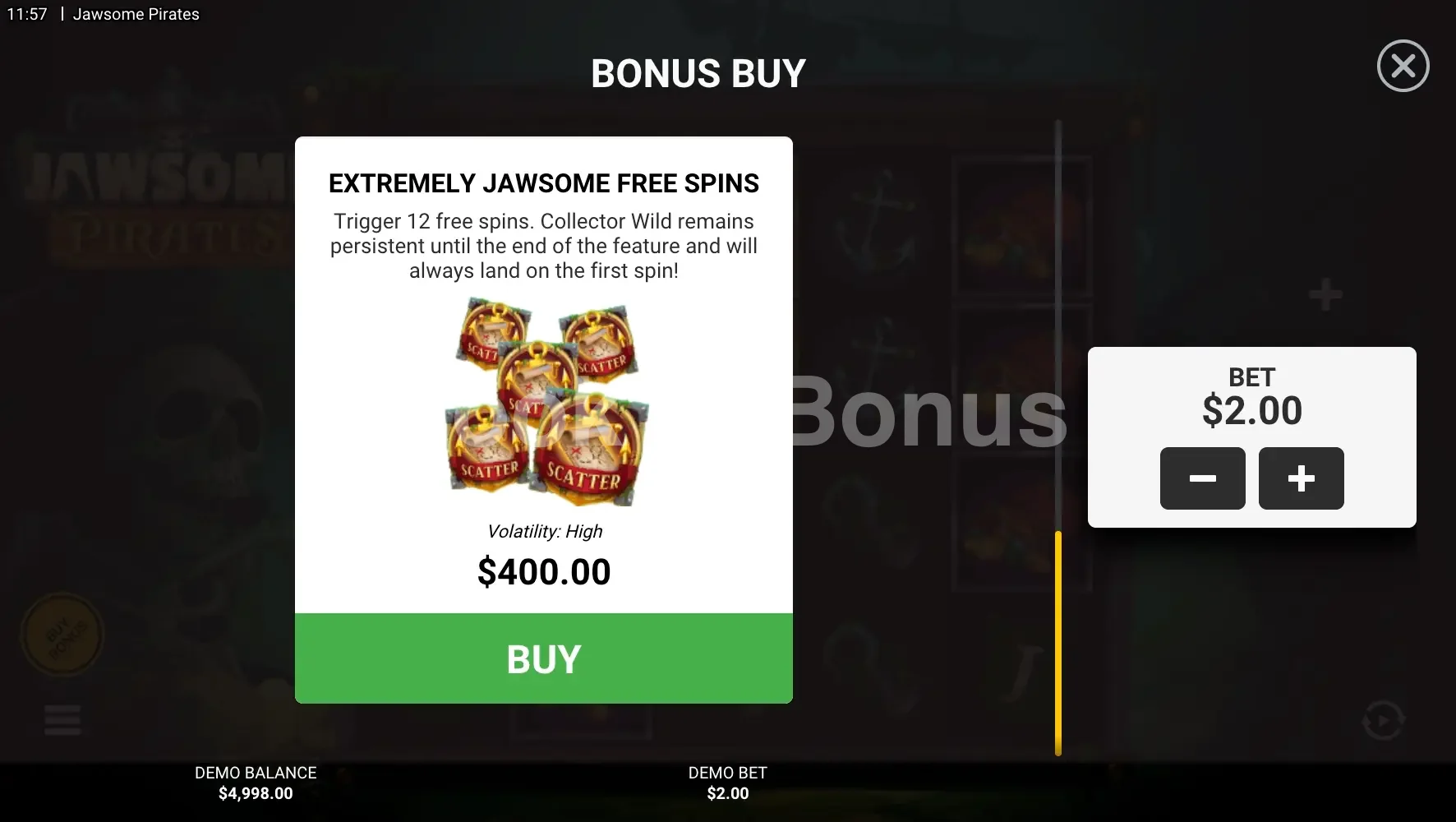 Jawsome Pirates par Hacksaw Gaming - menu d'achat de bonus et options