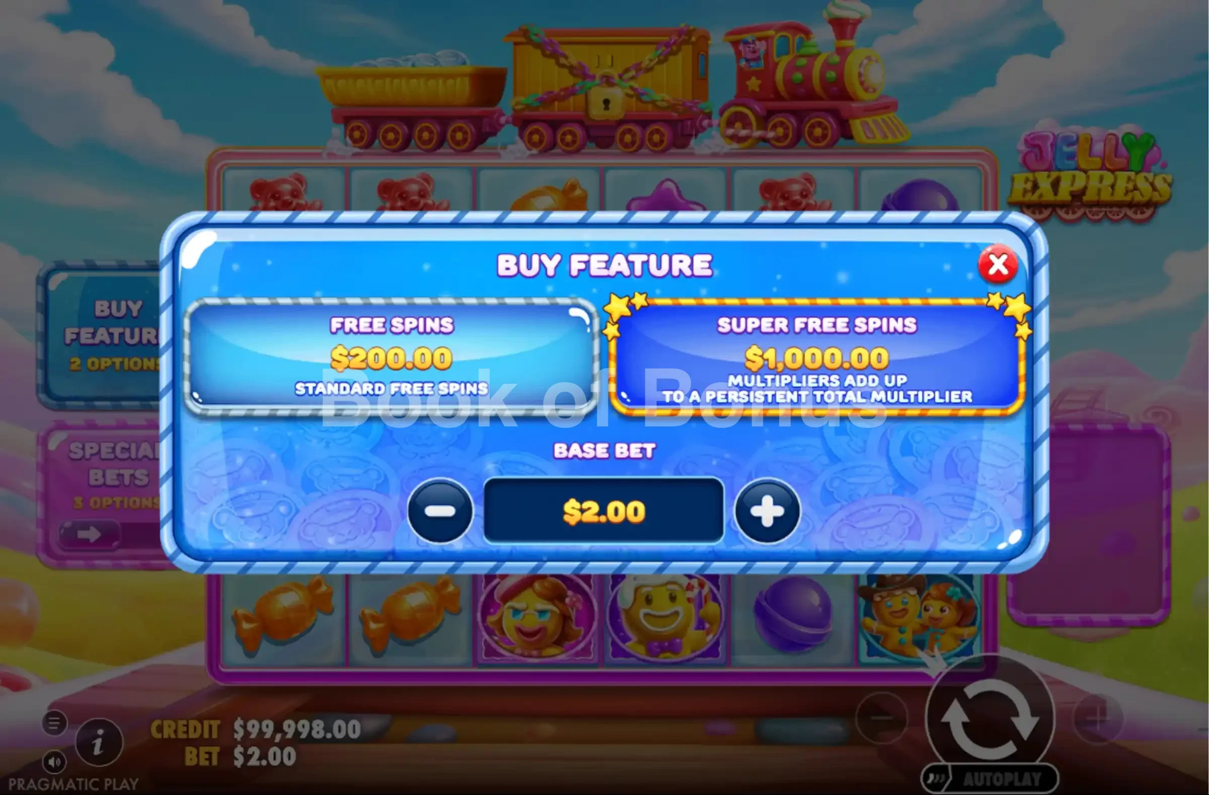 Jelly Express par Pragmatic Play - menu d'achat de bonus et options