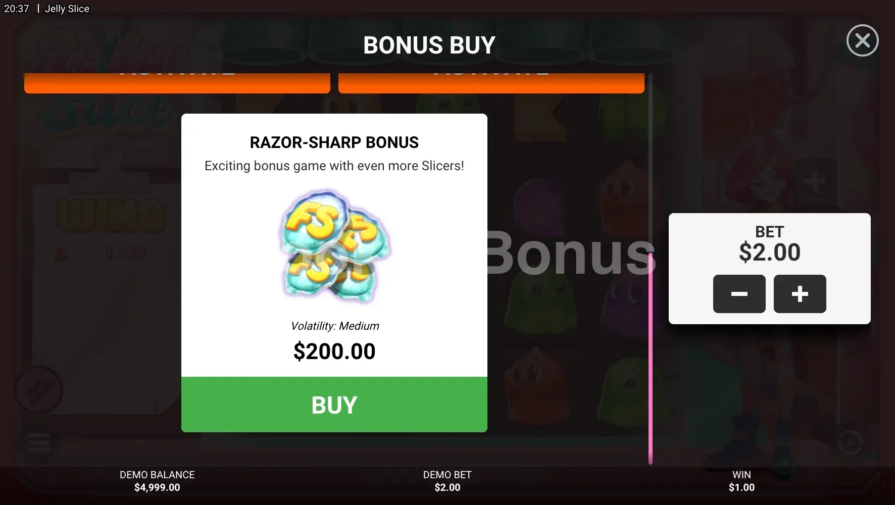 Jelly Slice par Hacksaw Gaming - menu d'achat de bonus et options