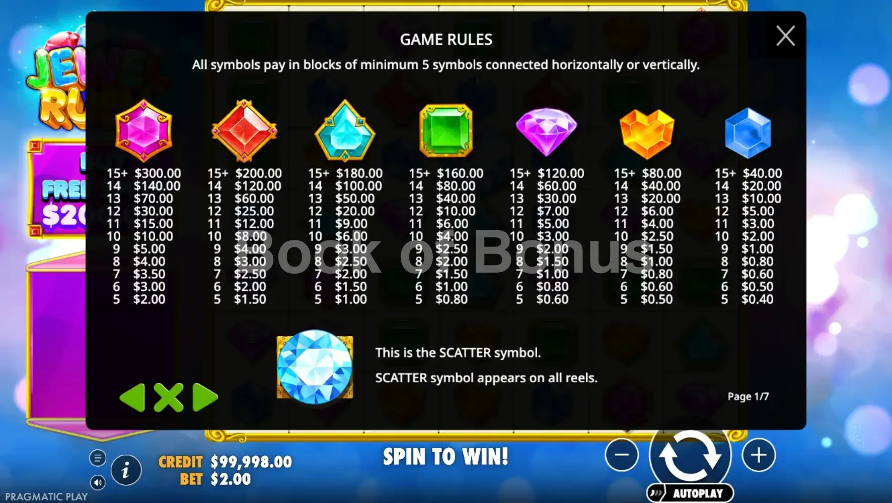 Jewel Rush par Pragmatic Play - table des gains et valeurs des symboles