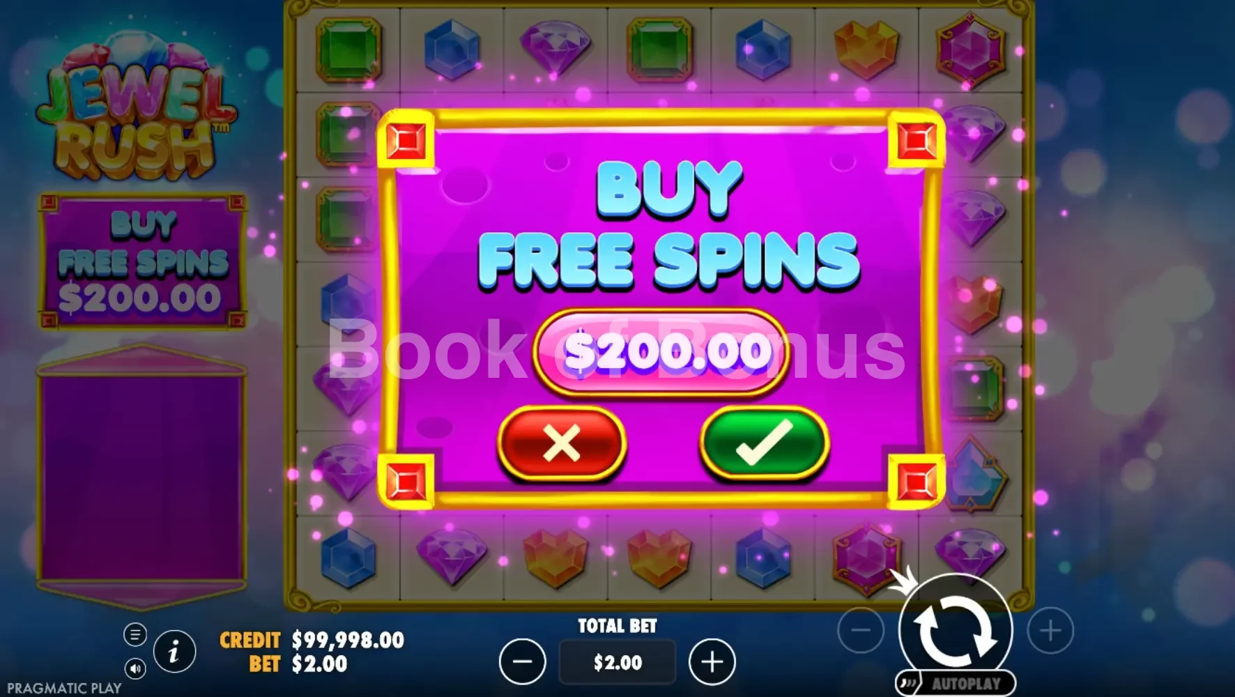 Jewel Rush par Pragmatic Play - menu d'achat de bonus et options