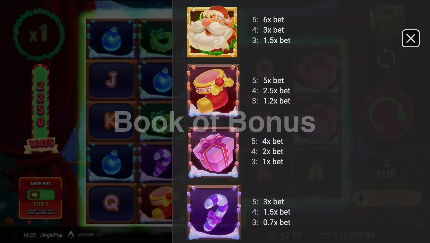 JinglePop par Avatar UX - table des gains et valeurs des symboles