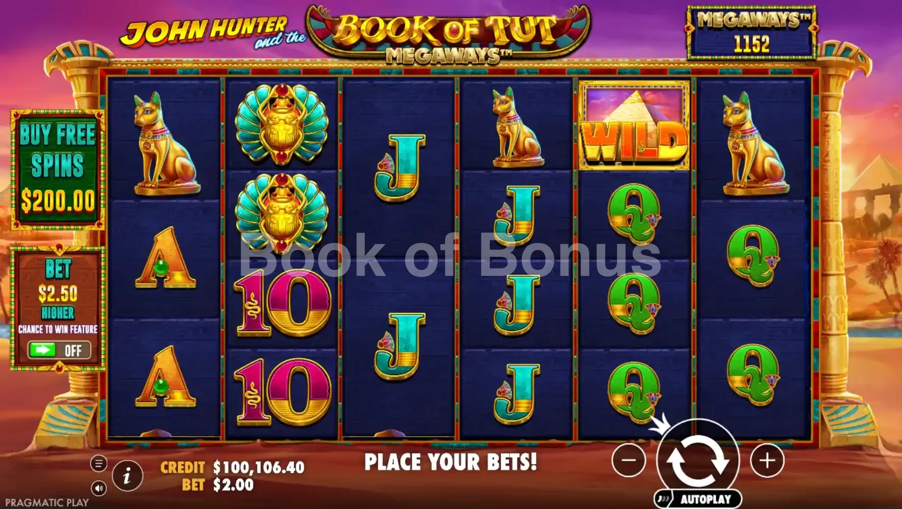 John Hunter and the Book of Tut Megaways par Pragmatic Play - jeu de base et disposition des rouleaux