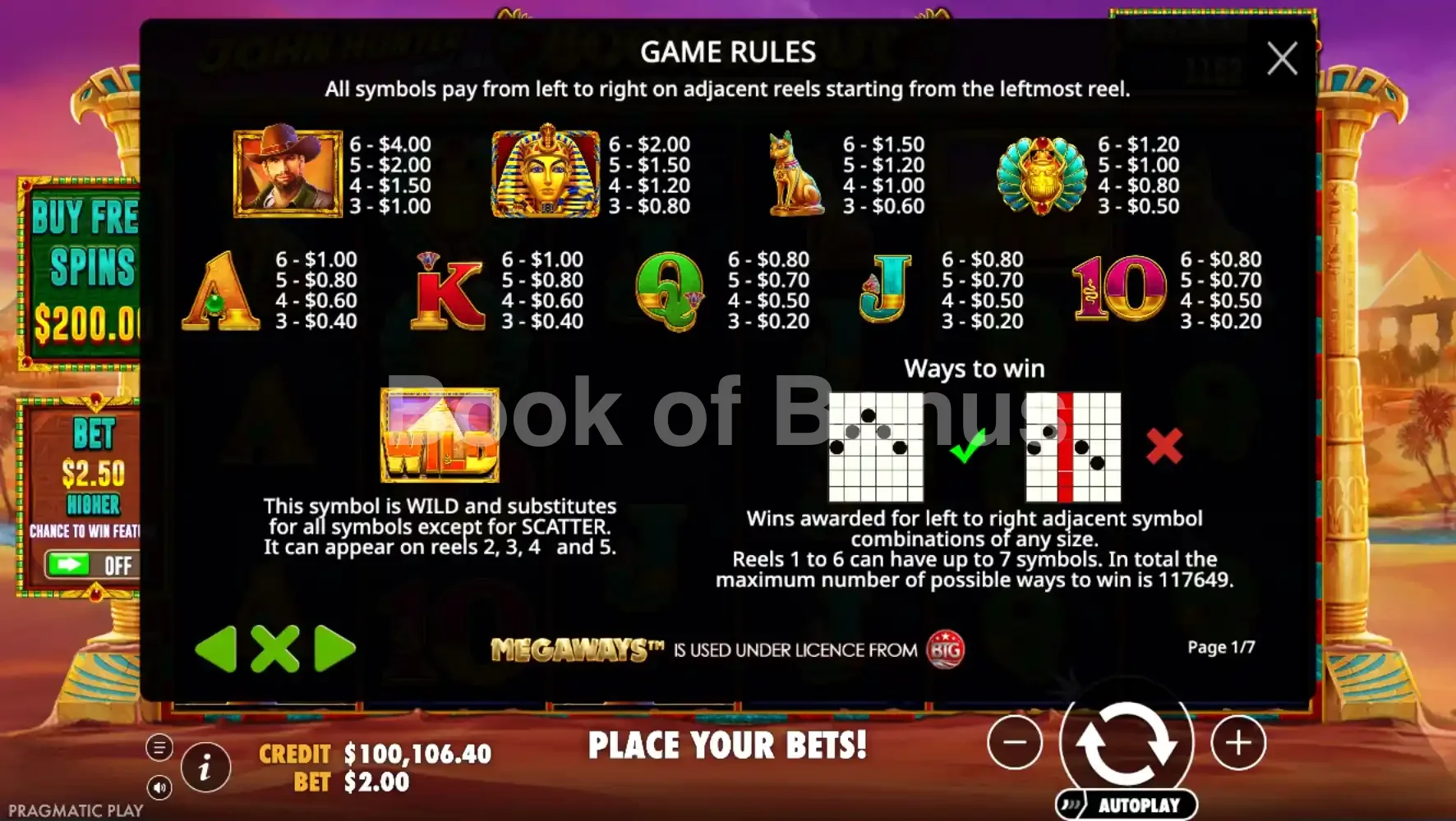 John Hunter and the Book of Tut Megaways par Pragmatic Play - table des gains et valeurs des symboles